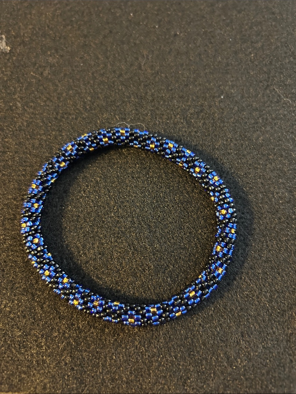 Deep Blue Sea Extended 8” Handmade Beaded Stretch Bracelet - Blue Black Gold